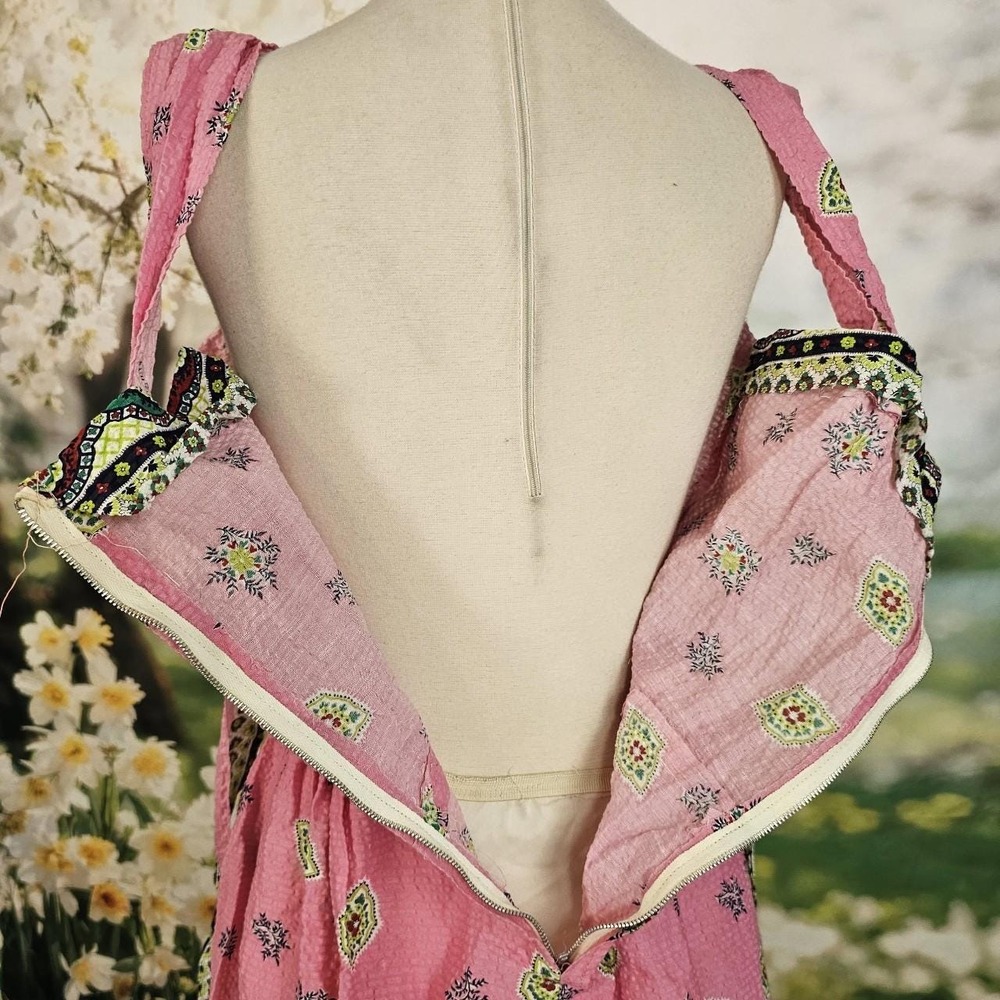 Vintage 1950s Searsucker Bright Pink & Green Floral Dress Lace Trim Sleeveless - Picture 7 of 8